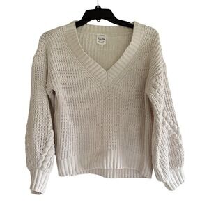 Hippie‎ Rose V Neck Cable Knit Sweater Cream Balloon Sleeves Women's XS